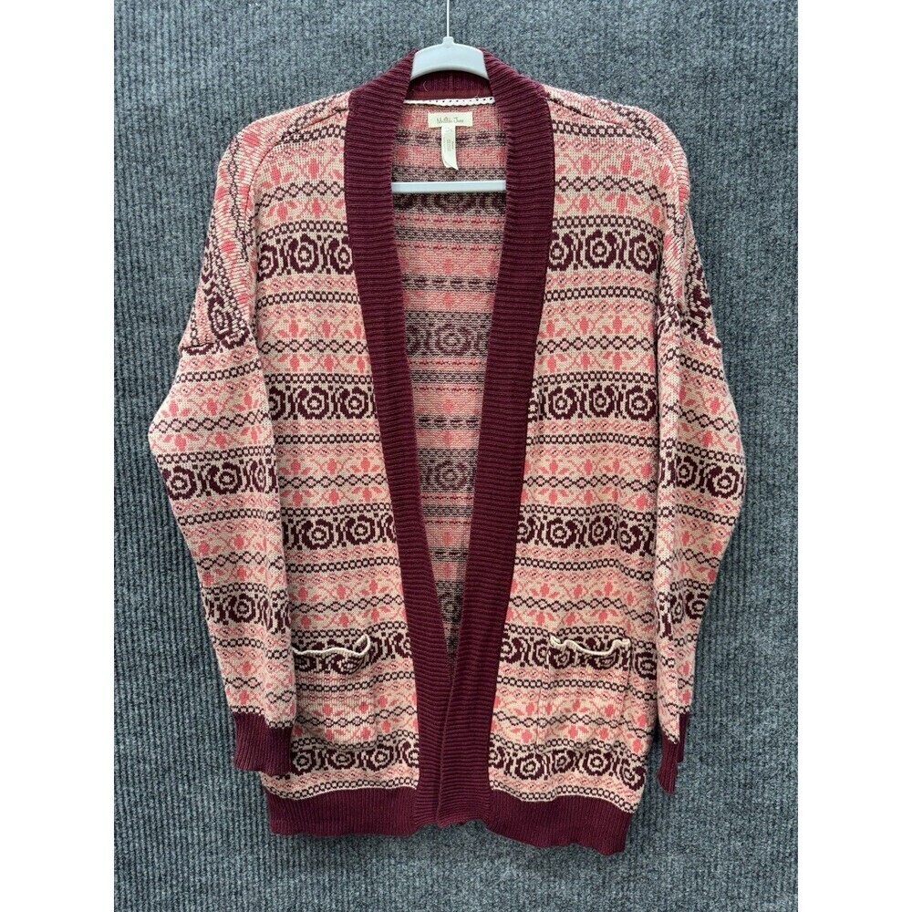 Matilda Jane Harmony Open Front Cardigan Womens Small Sweater Red Pink Fair Isle
